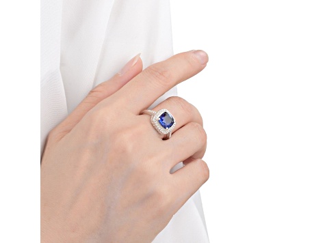 Square Cushion Lab Created Blue Sapphire Rhodium Over Sterling Silver Solitaire Beaded Halo Ring