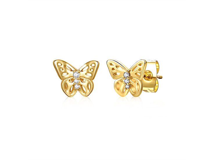 Kids 14k Gold Plated over Brass.04 CTW White Color Cubic Zirconia, 3-Stone Butterfly Stud Earrings