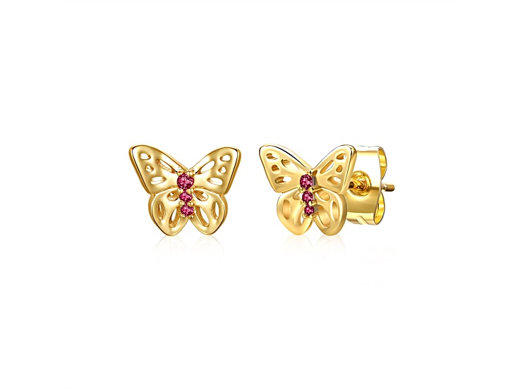 Red Color Cubic Zirconia, Kids 14k Gold Plated over Brass 3-Stone Butterfly Stud Earrings