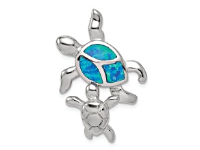Rhodium Over Sterling Silver Blue Inlay Lab Created Opal Turtle Slide Pendant