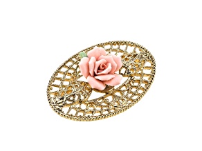 1928 Jewelry Gold-Tone Pink Porcelain Rose Filigree Brooch