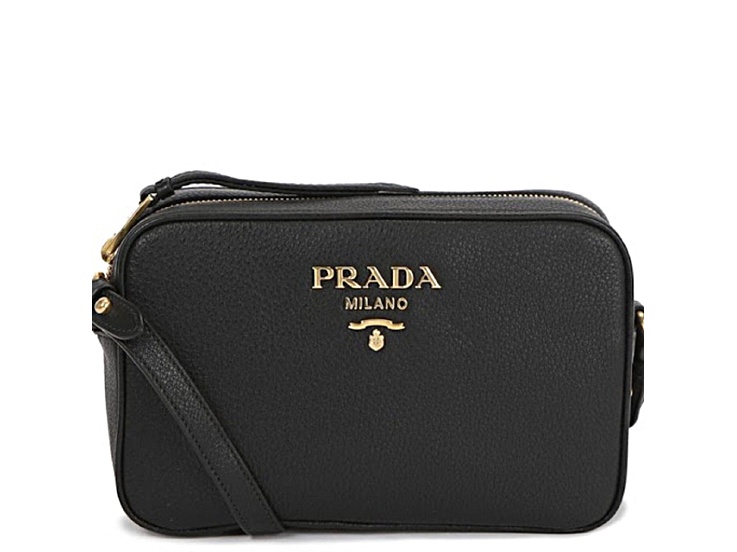 Prada Vitello Phenix Black Leather Gold Logo Camera