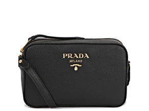 Prada Vitello Phenix Black Leather Gold Logo Camera Crossbody Bag