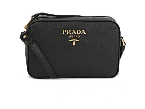 Prada Vitello Phenix Black Leather Gold Logo Camera