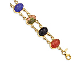 14k Yellow Gold Onyx, Carnelian, Epidote, Rhodonite and Tigers Eye 7 Stone Scarab Bracelet