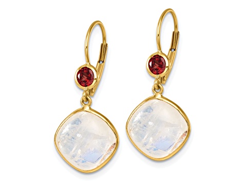 14K Yellow Gold Garnet and Moonstone Leverback Dangle Earrings