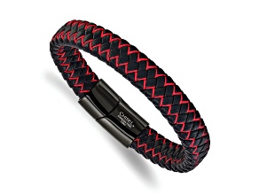 Stainless Steel Polished Black Ion Plated Black Leather and Red Fabric 8.25-inch Bracelet