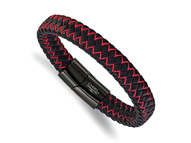 Stainless Steel Polished Black Ion Plated Black Leather and Red Fabric 8.25-inch Bracelet