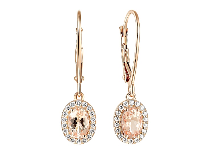 Oval Morganite 14K Rose Gold Over Sterling Silver Halo Drop Earrings 0.94 Cttw