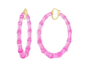 14K Yellow Gold Over Sterling Silver XL Bamboo Lucite Hoops in Pink