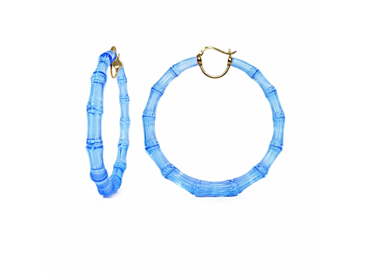 14K Yellow Gold Over Sterling Silver XL Bamboo Acrylic Hoops in Blue