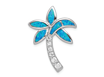 Picture of Rhodium Over Sterling Silver Cubic Zirconia Blue Inlay Lab Created Opal Palm Tree Slide