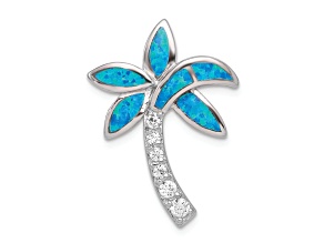 Rhodium Over Sterling Silver Cubic Zirconia Blue Inlay Lab Created Opal Palm Tree Slide