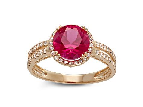 Lab Created Ruby 10K Yellow Gold Halo Ring 2.45ctw