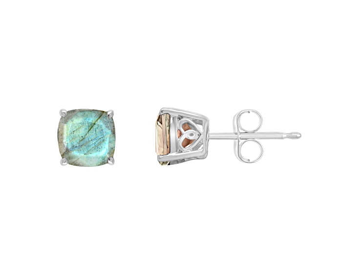 6mm Square Cushion Labradorite Rhodium Over Sterling Silver Stud Earrings