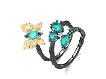 Picture of Green Agate and Nanocrystal 14K Gold Over and Black Rhodium Over Sterling Silver Butterfly Ring