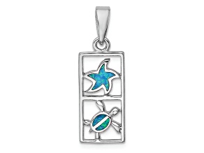Rhodium Over Sterling Silver Blue Lab Created Opal Starfish Turtle Pendant