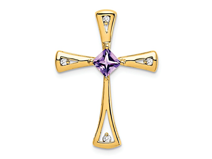 10k Yellow Gold 0.29 cttw Amethyst and Accent Diamond Cross Pendant