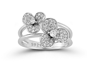Rachel Zoe Rhodium Over Sterling Silver Cubic Zirconia Stacked Double Flower Ring