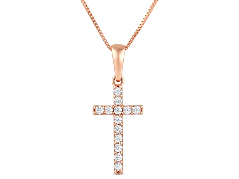 White Cubic Zirconia 14k Rose Gold Cross Pendant With Chain 0.30ctw