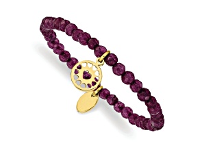 Yellow Stainless Steel Polished Heart Dark Purple Jade Stretch Bracelet