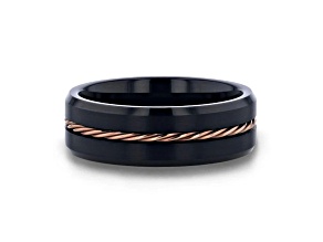 ADELARD Rose Gold Braided Brushed Center Black Tungsten Wedding Band With Polished Beveled Edges 8mm