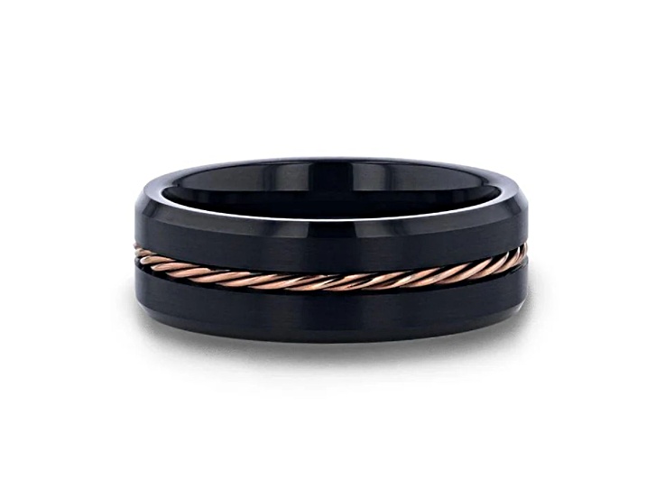ADELARD Rose Gold Braided Brushed Center Black Tungsten Wedding Band With Polished Beveled Edges 8mm