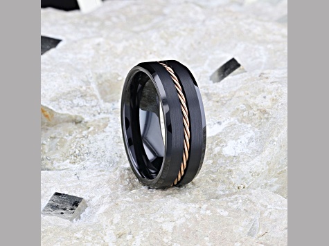 ADELARD Rose Gold Braided Brushed Center Black Tungsten Wedding Band With Polished Beveled Edges 8mm