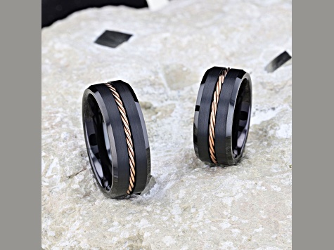 ADELARD Rose Gold Braided Brushed Center Black Tungsten Wedding Band With Polished Beveled Edges 8mm