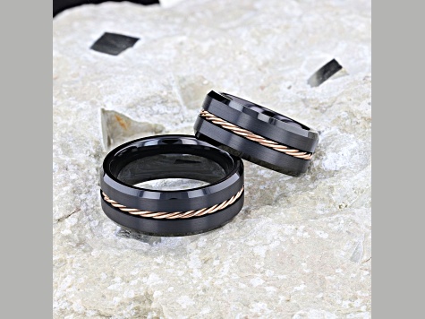 ADELARD Rose Gold Braided Brushed Center Black Tungsten Wedding Band With Polished Beveled Edges 8mm