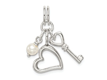Picture of Sterling Silver Polished Key and Heart with Simulated Pearl Charm