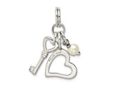 Sterling Silver Polished Key and Heart with Simulated Pearl Charm