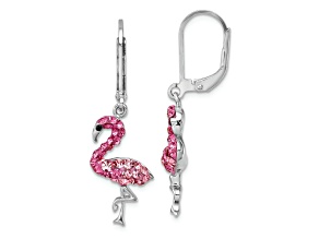 Rhodium Over Sterling Silver Pink Crystal Flamingo Leverback Earrings