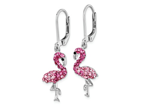 Rhodium Over Sterling Silver Pink Crystal Flamingo Leverback Earrings