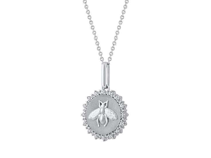 White Diamond Sterling Silver Medallion Honey Bee Pendant 0.25ctw