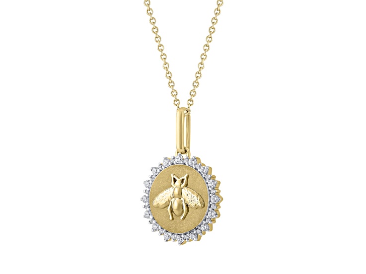 White Diamond 18K Yellow Gold Over Sterling Silver Medallion Honey Bee Pendant 0.25ctw