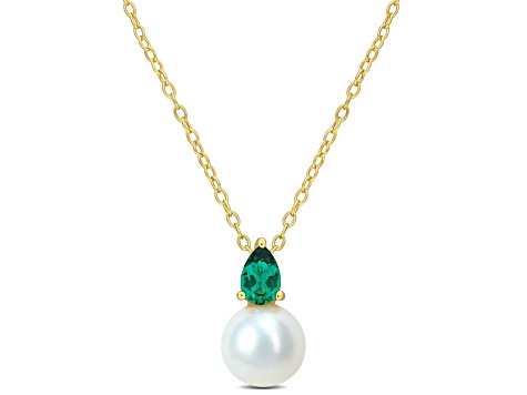 FW Cultured Pearl and 3/8 CT TGW Created Emerald Pendant with Chain in Yellow Plated Sterling Silver