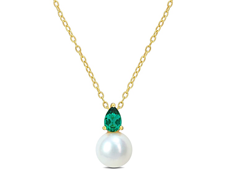 FW Cultured Pearl and 3/8 CT TGW Created Emerald Pendant with Chain in Yellow Plated Sterling Silver