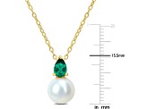 FW Cultured Pearl and 3/8 CT TGW Created Emerald Pendant with Chain in Yellow Plated Sterling Silver