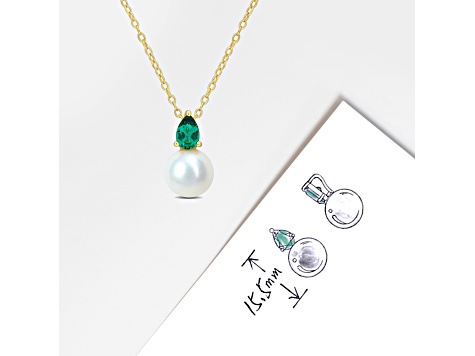 FW Cultured Pearl and 3/8 CT TGW Created Emerald Pendant with Chain in Yellow Plated Sterling Silver