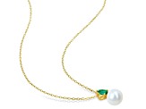 FW Cultured Pearl and 3/8 CT TGW Created Emerald Pendant with Chain in Yellow Plated Sterling Silver