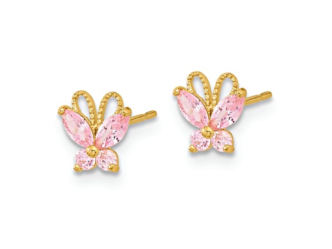 14K Yellow Gold Kids Pink Cubic Zirconia Butterfly Post Earrings