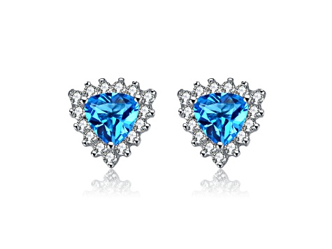 Sterling Silver Rhodium Plated with Blue Topaz Cubic Zirconia Stud Earrings