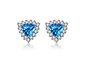 Sterling Silver Rhodium Plated with Blue Topaz Cubic Zirconia Stud Earrings