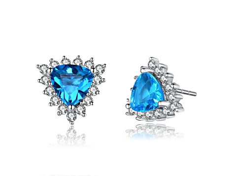 Sterling Silver Rhodium Plated with Blue Topaz Cubic Zirconia Stud Earrings