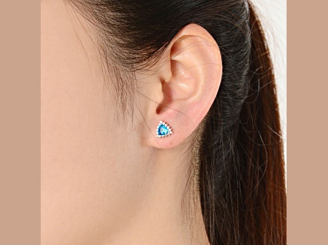 Sterling Silver Rhodium Plated with Blue Topaz Cubic Zirconia Stud Earrings