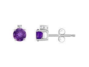 4mm Round Amethyst with Diamond Accents 14k White Gold Stud Earrings