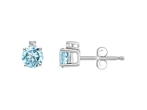 4mm Round Aquamarine with Diamond Accents 14k White Gold Stud Earrings