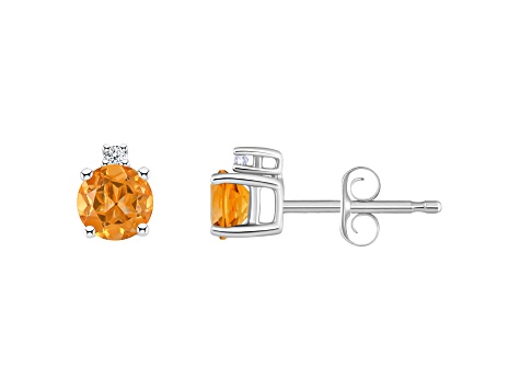 4mm Round Citrine with Diamond Accents 14k White Gold Stud Earrings