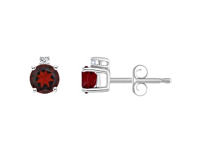 4mm Round Garnet with Diamond Accents 14k White Gold Stud Earrings